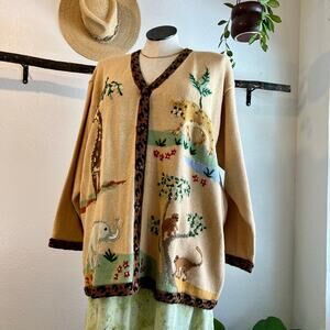 Storybook Knits Cotton Jungle Safari Animal Embroidered Cardigan Sweater Size 3X